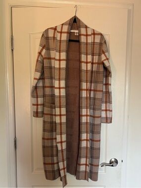 Max Studio Open Front Long Cardigan Sweater - Beige/Brown Plaid
